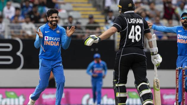 Indian bowler Ravindra Jadeja, left, celebrates the wicket of Black Caps captain Tom Latham (48) during a One Day International cricket between India and New Zealand at Eden Park in Auckland, New Zealand, Saturday, Feb 8, 2020. (Brett Phibbs/Photosport via AP) (AP) Indian bowler Ravindra Jadeja, left, celebrates the wicket of Black Caps captain Tom Latham (48) during a One Day International cricket between India and New Zealand at Eden Park in Auckland, New Zealand, Saturday, Feb 8, 2020. (Brett Phibbs/Photosport via AP) (AP)