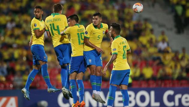 Brazil players in action during a defensive wall.(REUTERS) Brazil players in action during a defensive wall.(REUTERS)