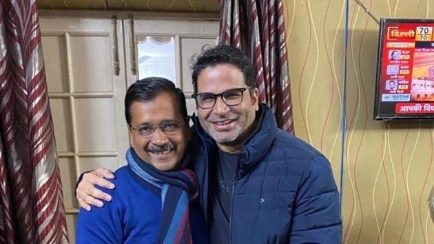 Delhi Chief Minister Arvind Kejriwal and Political Strategist Prashant Kishor at AAP party office.(ANI)