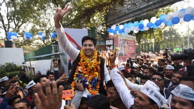 Raghav Chadha, a first time MLA, praised AAP chief Arvind Kejriwal for his work in the national capital, soon after his win.(AMAL KS/HT PHOTO.)