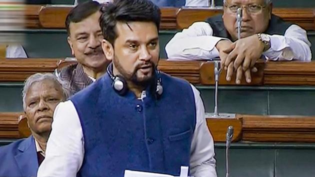 Minister of State for Finance Anurag Thakur speaks in the Lok Sabha during the Budget Session of Parliament, in New Delhi.(PTI)