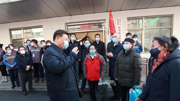 Chinese President Xi Jinping inspects the novel coronavirus prevention and control work at Anhuali Community in Beijing, China, February 10, 2020.(REUTERS)