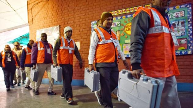 EVM machines are brought in to a counting centre. AAP is eyeing a third term in Delhi. The party fielded 46 of its sitting MLAs from the same constituencies they contested in the 2015 polls, keeping in mind their “good work” in their respective areas and their connect with locals. In Delhi assembly election 2015, out of 70 seats the AAP won 67 and the BJP secured three seats. (Sanchit Khanna / HT Photo)