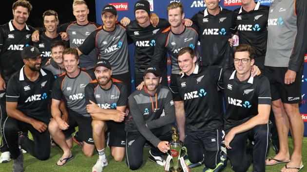 New Zealand’s players celebrate with the trophy.(AFP) New Zealand’s players celebrate with the trophy.(AFP)