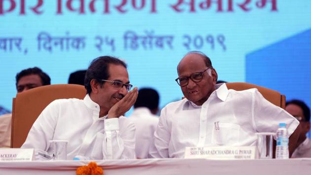 Chief minister Uddhav Thackeray and former union minister Sharad Pawar at Vasantdada Sugar Institute in Pune.(Photo by Rahul Raut/HT PHOTO)