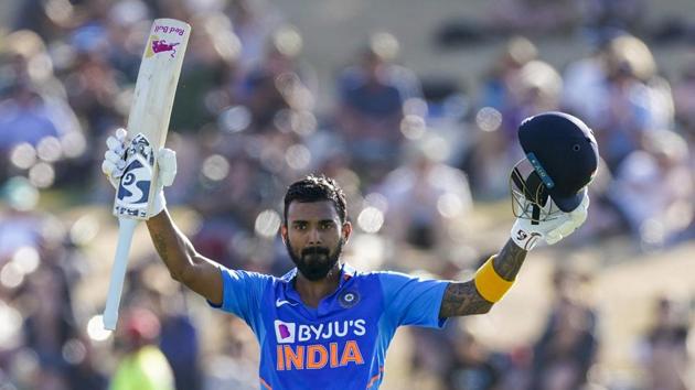 Tauranga: India's KL Rahul celebrates his 100 runs during the One Day cricket international between India and New Zealand at Bay Oval in Tauranga, New Zealand, Tuesday, Feb. 11, 2020.(AP)