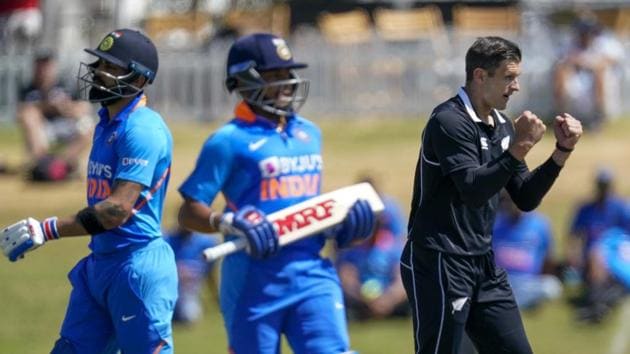 Tauranga: New Zealand's Hamish Bennet, right, celebrates the wicket of India's Virat Kohli during the One Day cricket international between India and New Zealand at Bay Oval in Tauranga, New Zealand, Tuesday, Feb. 11, 2020.AP/PTI Photo(AP2_11_2020_000002B)(AP)