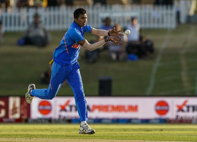 India's Navdeep Saini in action during the One Day cricket international between India and New Zealand at Bay Oval, Tauranga, New Zealand, Tuesday, Feb. 11, 2020. (John Cowpland/Photosport via AP) (AP)