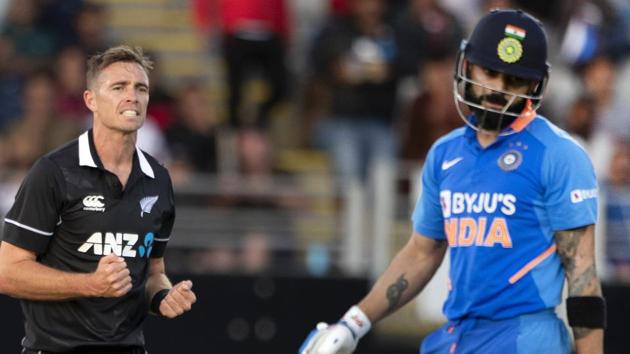 File Image: Black Caps bowler Tim Southee, left, celebrates the wicket of India's Virat Kohli(AP)