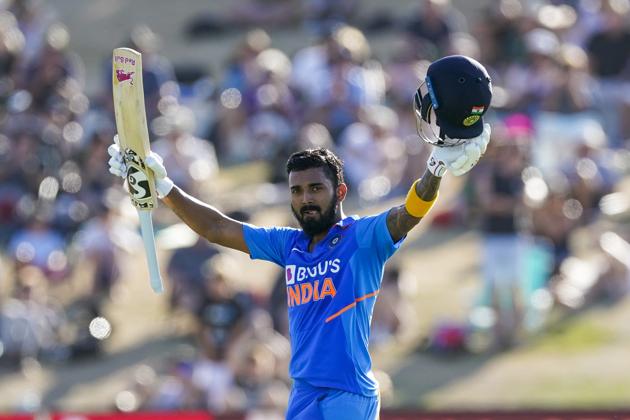 India's KL Rahul celebrates his 100 runs during the One Day cricket international between India and New Zealand at Bay Oval in Tauranga, New Zealand, Tuesday, Feb. 11, 2020. (John Cowpland/Photosport via AP) (AP)
