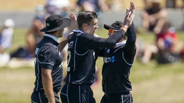 New Zealand's Hamish Bennet celebrates the wicket of India's Virat Kholi during the One Day cricket international between India and New Zealand at Bay Oval in Tauranga, New Zealand, Tuesday, Feb. 11, 2020. (John Cowpland/Photosport via AP) (AP)