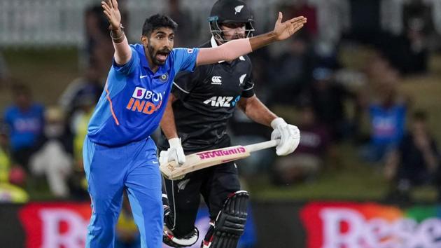 India's Jasprit Bumrah, left, appeals unsuccessfully to the umpire.(AP)