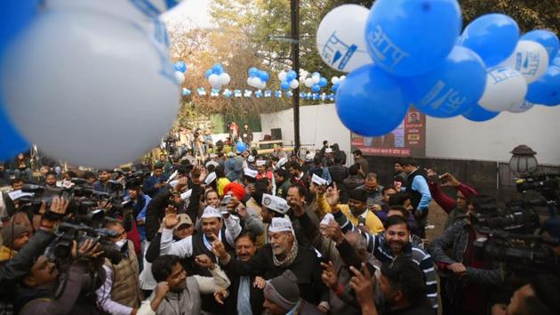 Party functionaries said though preparations are underway to celebrate the victory in the polls, whose results will be announced on Tuesday, Kejriwal has asked party volunteers not to burst firecrackers as it contributes to pollution. Other preparations to celebrate the victory, including ordering sweets, are also underway at the party headquarters in ITO, they said. (Amal KS / HT photo)