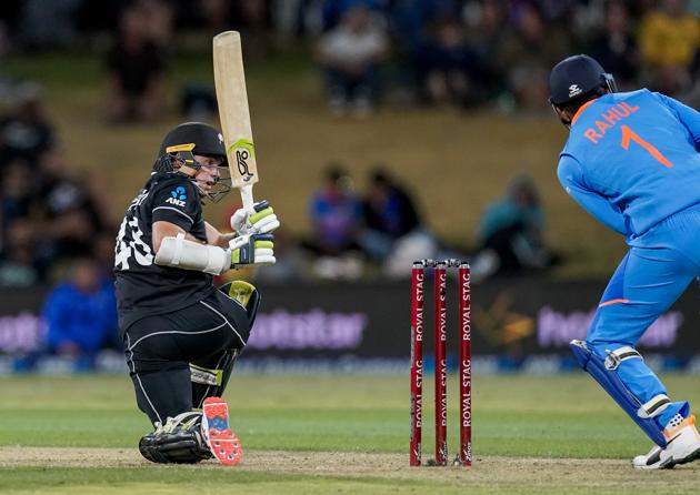 New Zealand's Tom Latham plays a shot during the One Day cricket international between India and New Zealand at Bay Oval, Tauranga, New Zealand, Tuesday, Feb. 11 2020. (John Cowpland/Photosport via AP) (AP)
