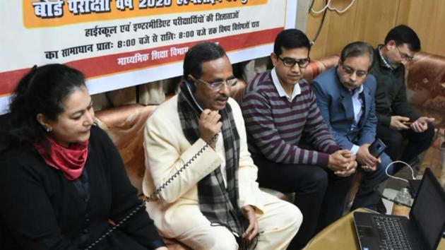 Deputy chief minister Dinesh Sharma launched two toll free helpline number for UP Board students in Lucknow on Tuesday. (HT Photo) Deputy chief minister Dinesh Sharma launched two toll free helpline number for UP Board students in Lucknow on Tuesday. (HT Photo)