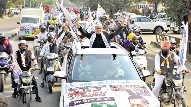 Aam Aadmi Party supporters celebrating the party’s victory in New Delhi elections, at Sector-20 in Chandigarh on Tuesday. (Gurminder Singh/HT) Aam Aadmi Party supporters celebrating the party’s victory in New Delhi elections, at Sector-20 in Chandigarh on Tuesday. (Gurminder Singh/HT)