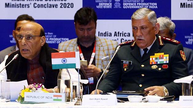 Defence minister Rajnath Singh with Chief of Defence Staff General Bipin Rawat at the India-Africa Defence Ministers Conclave 2020, on the sidelines of the Defence Expo 2020, in Lucknow on February 7.(ANI Photo)