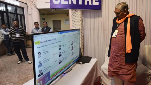 BJP Candidate Rajesh Gehlot look on a TV screen displaying poll results at Dwarka Sector 09 counting centre, in New Delhi, India, on Tuesday, February 11, 2020.(Vipin Kumar/HT PHOTO)