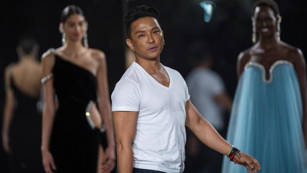 Designer Prabal Gurung makes an appearance at the end of his FW20 collection event during Fashion Week. (AP)