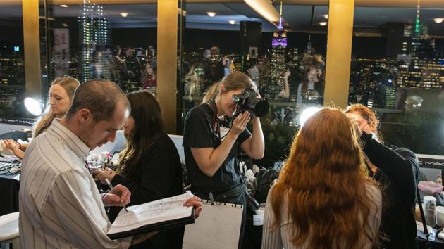People work backstage before The Prabal Gurung FW20 collection show during Fashion Week. (AP)