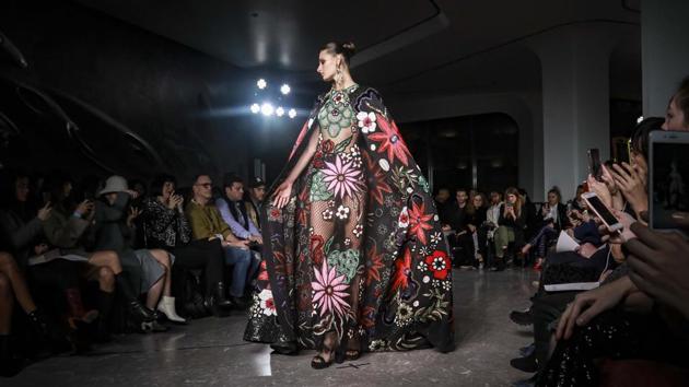 A model displays fashion from Naeem Khan during New York's Fashion Week. (AP)