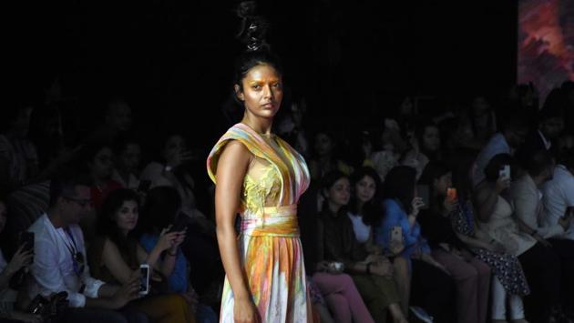 A model walks the ramp showcasing fashion designer Abhishek Sharma's creation under the label Kanelle on Day 2 of the Lakme Fashion Week Summer/Resort 2020, in Mumbai. (IANS) A model walks the ramp showcasing fashion designer Abhishek Sharma's creation under the label Kanelle on Day 2 of the Lakme Fashion Week Summer/Resort 2020, in Mumbai. (IANS)