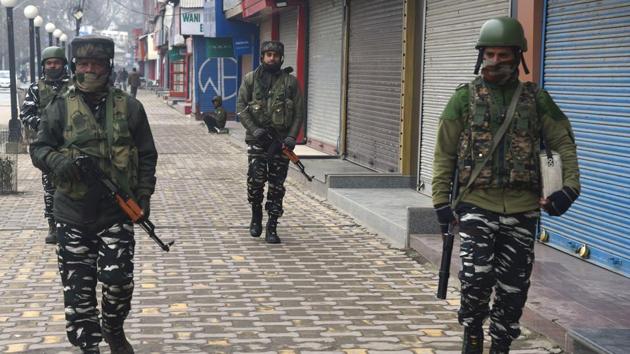 Paramilitary personnel patrol during a strike in Lal Chowk area in Srinagar, Jammu and Kashmir, India, on Tuesday, February 11, 2020. (Photo: Waseem Andrabi / Hindustan Times) Paramilitary personnel patrol during a strike in Lal Chowk area in Srinagar, Jammu and Kashmir, India, on Tuesday, February 11, 2020. (Photo: Waseem Andrabi / Hindustan Times)