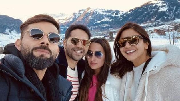 Varun Dhawan, his girlfriend Natasha Dalal with Anushka Sharma and her cricketer husband Virat Kohli in Switzerland.(Instagram)