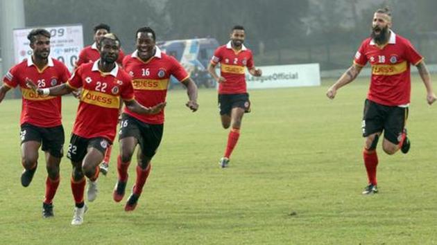 Ansumana Kromah celebrates after scoring for East Bengal.(Twitter) Ansumana Kromah celebrates after scoring for East Bengal.(Twitter)
