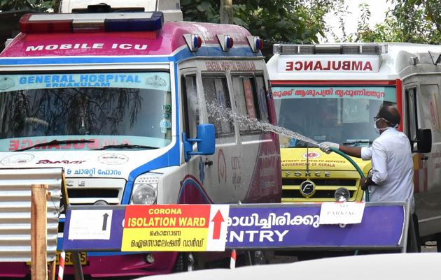 A man cleans an ambulance before exiting the Special Isolation Ward, created for novel coronavirus, at Kochi Medical College, in Kerala.(Photo: PTI) A man cleans an ambulance before exiting the Special Isolation Ward, created for novel coronavirus, at Kochi Medical College, in Kerala.(Photo: PTI)