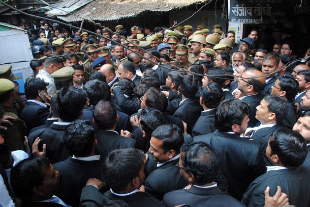 Lawyers gathered on the Lucknow district court campus following the bomb attack on Thursday. (Dheeraj Dhawan /HT Photo) Lawyers gathered on the Lucknow district court campus following the bomb attack on Thursday. (Dheeraj Dhawan /HT Photo)