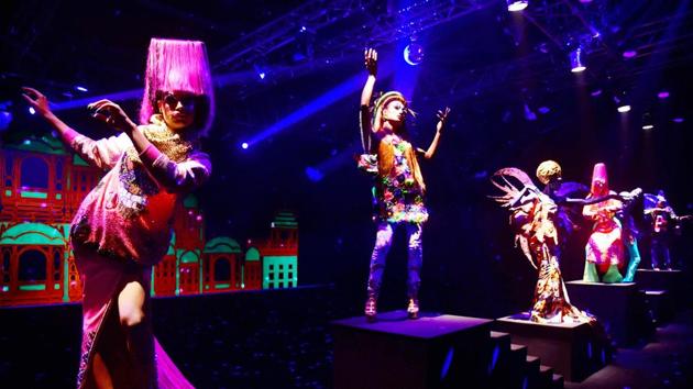 Models present a creation by designer Manish Arora at the Lakme Fashion Week 2020 Summer/Resort fashion show. (PTI)