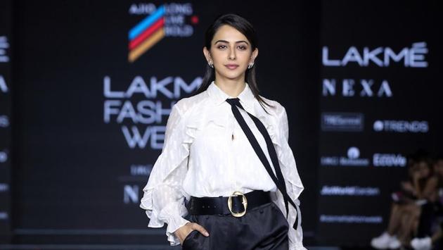Actor Rakul Preet Singh showcases the creation of Ajio on Day 2 of the Lakme Fashion Week Summer/Resort 2020. (IANS)