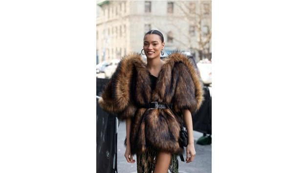 Model Lameka Fox arrives for a show during Fashion Week. Lennihan also captured some of the dazzle in model Lameka Fox’s belted fur coat. (Mark Lennihan / AP)