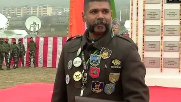 Umesh Gopinath Jadhav,from Maharashtra, was the special guest at the wreath-laying ceremony at CRPF campus in Kashmir’s Lethpora to mark a year of Pulwama attack today.(ANI)