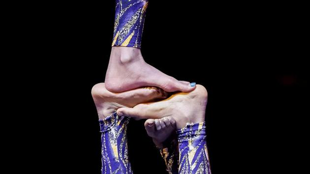Acrobats perform during a presentation of the new international show "Africa. Exotic boom" at the National Circus of Ukraine in Kiev, Ukraine. (Gleb Garanich / REUTERS)