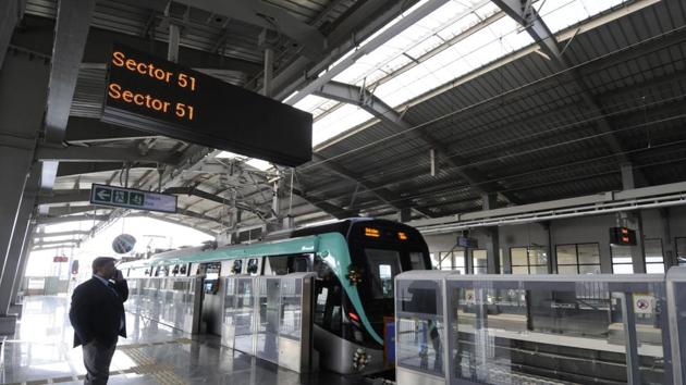 A view of Aqua line metro train at Sector 51 in Noida on its inaugural day, on January 26, 2019. (Sunil Ghosh/HT Photo) A view of Aqua line metro train at Sector 51 in Noida on its inaugural day, on January 26, 2019. (Sunil Ghosh/HT Photo)