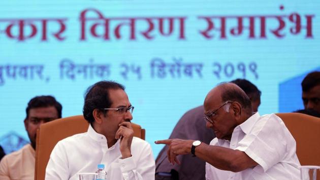 Chief minister Uddhav Thackeray and former union minister Sharad Pawar in a discussion while attending an event. (Rahul Raut/HT PHOTO) Chief minister Uddhav Thackeray and former union minister Sharad Pawar in a discussion while attending an event. (Rahul Raut/HT PHOTO)