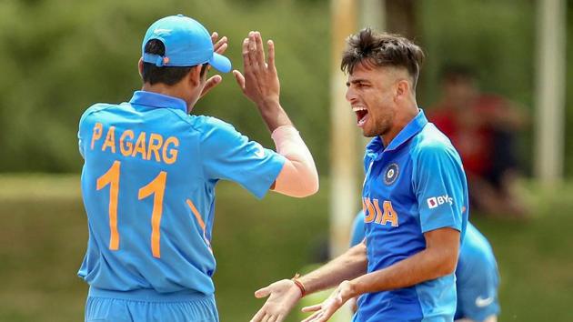 In this photo sourced from ICC, Ravi Bishnoi celebrates his first wicket during the ICC U19 Cricket World Cup Super League Semi-Final match between India and Pakistan. (PTI) In this photo sourced from ICC, Ravi Bishnoi celebrates his first wicket during the ICC U19 Cricket World Cup Super League Semi-Final match between India and Pakistan. (PTI)