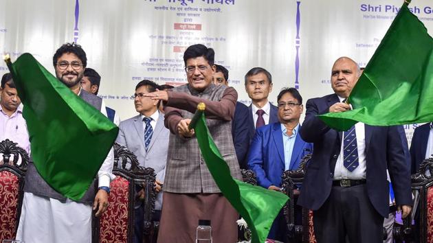 Railway Minister Piyush Goyal flagged with Minister of State for Forests, Environment and Climate, Babul Supriyo off the first phase of the East-West corridor of the mass rapid transport network but the TMC gave the event a miss protesting against the absence of Chief Minister Mamata Banerjee’s name from the invitation card for the programme. (Swapan Mahapatra / PTI)