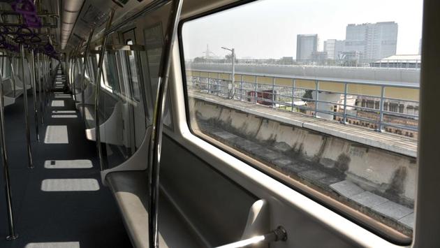 A view inside a six-coach train that will ply on the East-West corridor. The TMC leadership boycotted the inauguration programme. Senior TMC MP Kakoli Ghosh Dastidar, state Fire Services Minister Sujit Bose and Bidhanagar Municipal Corporation Chairperson Krishna Chakraborty were invited to the event but stayed away from it. (Samir Jana / HT Photo)