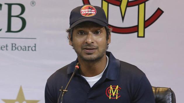 Former Sri Lankan captain Kumar Sangakkara addresses a news conference in Lahore, Pakistan(AP)