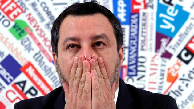 Leader of Italy's far-right party Matteo Salvini gestures during a news conference a day after the Senate voted to remove his legal protection, opening the way for a trial over accusations he illegally detained migrants at sea last year, in Rome, Italy. (Guglielmo Mangiapane / REUTERS)