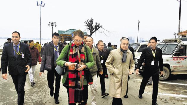 Members of a European Union delegation after a shikara ride at the Dal Lake in Srinagar on Wednesday, February 12, 2020.(HT Photo) Members of a European Union delegation after a shikara ride at the Dal Lake in Srinagar on Wednesday, February 12, 2020.(HT Photo)