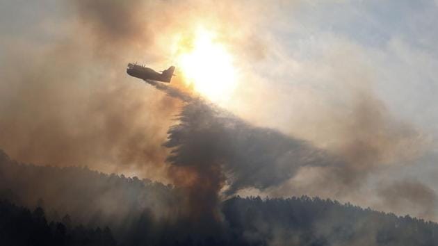 A canadair bomber plane drops water onto a blaze along the l'Arone Pass in the Bavella mountains in Quenza on the French Mediterranean Island of Corsica, after strong winds from storm Ciara caused wildfires to spread on the island. (Pascal Pochard-Casabianca / AFP)