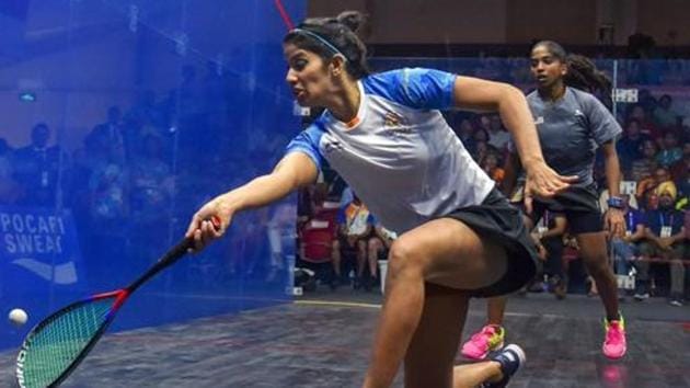 Joshna Chinappa in action during women's squash semifinal match against Malaysia at the 18th Asian Games 2018.(PTI)