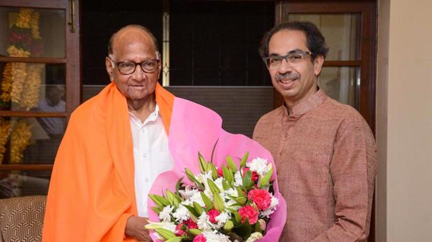 Maharashtra Chief Minister Uddhav Thackeray greets Nationalist Congress Party (NCP) President Sharad Pawar on his 79th birthday, in Mumbai. (PTI) Maharashtra Chief Minister Uddhav Thackeray greets Nationalist Congress Party (NCP) President Sharad Pawar on his 79th birthday, in Mumbai. (PTI)