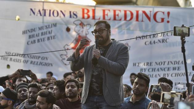 Film director Anurag Kashyap addresses the gathering during a sit-in protest against Citizenship Amendment Act (CAA), National Register of Citizens (NRC) and National Population Register, at Jamia Millia Islamia University, in New Delhi on Friday. (Burhaan Kinu/HT PHOTO) Film director Anurag Kashyap addresses the gathering during a sit-in protest against Citizenship Amendment Act (CAA), National Register of Citizens (NRC) and National Population Register, at Jamia Millia Islamia University, in New Delhi on Friday. (Burhaan Kinu/HT PHOTO)