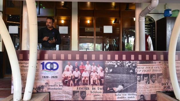 A billboard seen inside the Calcutta South Club on the eve of centenary celebrations. “Entry to all bars and dining rooms wearing sandals and sports shoes are not permitted,” reads a rule on a board near the entrance. Dhoti and kurta is allowed but wearing a kurta with pyjamas or trousers would be a sartorial double-fault. (Samir Jana / HT Photo)