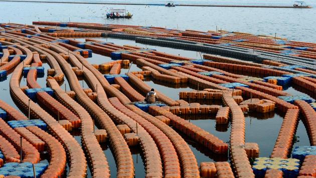 A boatman catches fish from a dock made of plastic cubes on the banks of Yamuna River in Prayagraj. (Sanjay Kanojia / AFP)